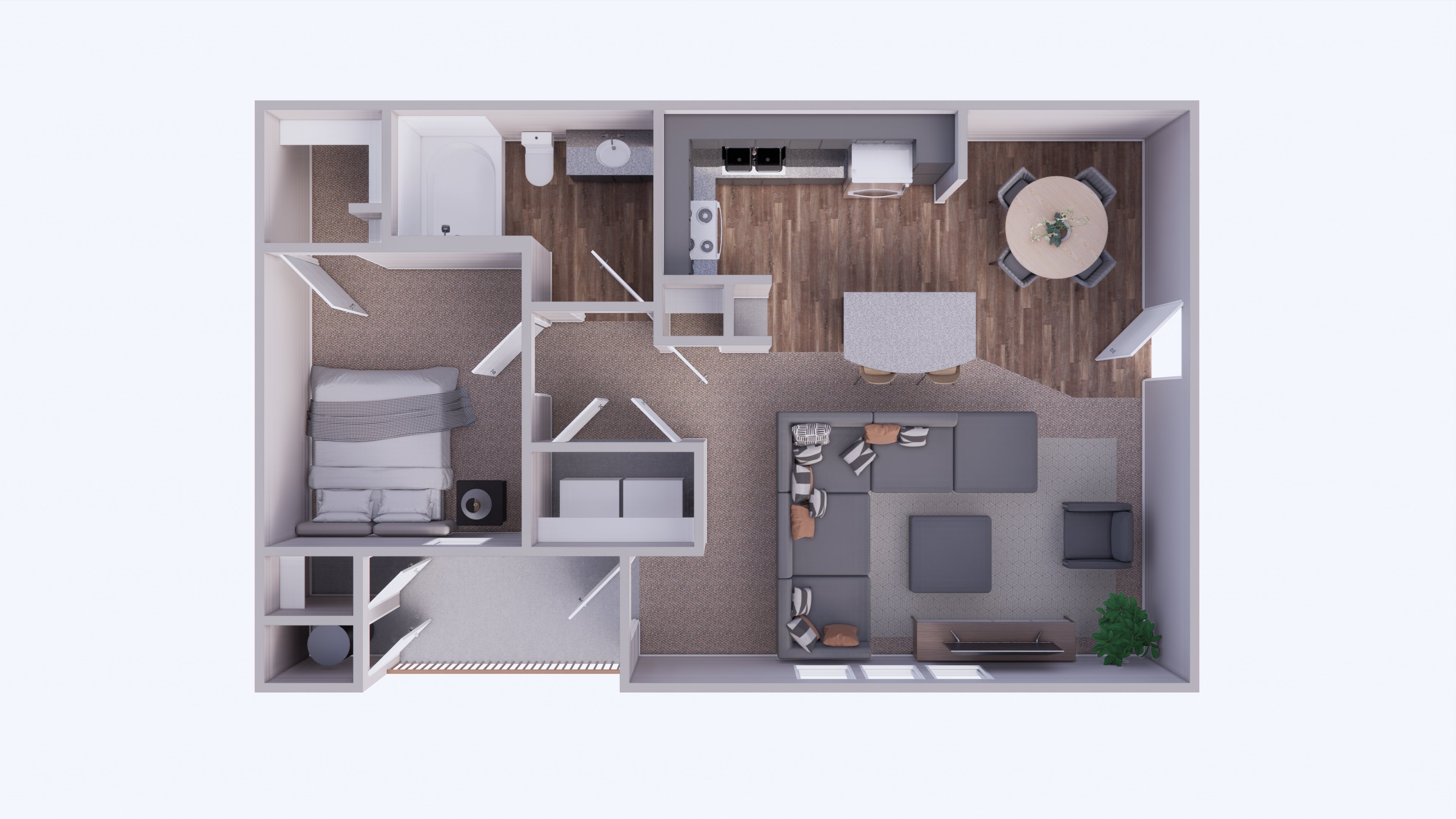A 3D rendered image of a house layout.